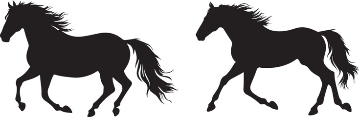 Black silhouette of a grazing horse isolated on a white background. Concept of a wild animal illustration, minimalist style, equine art. Print, icon, logo