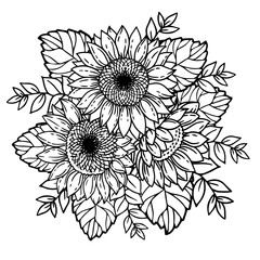 Hand drawn black and white illustration of sunflowers bouquet. Coloring book page for adults