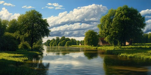 Fototapeta premium Serene landscape featuring a tranquil river, lush trees, and a vibrant sky reflecting the beauty of nature's harmony.