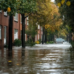 Obraz premium Street flooded with water, surrounded by trees and autumn foliage, depicting the impact of a heavy rainstorm in a residential area.