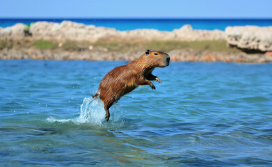 Fototapeta premium Capybara jumping out of the sea generated by AI