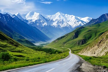 Road to snowy mountains in the morning,panoramic view
