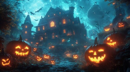 A Halloween scene with a large house and many pumpkins
