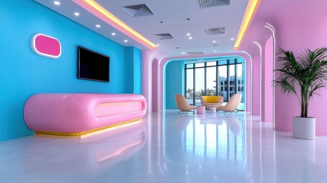 A sleek pastel-colored office layout with large windows stylish furniture and a calming vibe