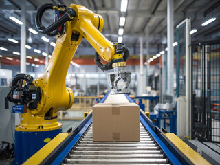 Robotic arm handles a cardboard box on a conveyor belt in an automated warehouse, showcasing modern industrial automation technology.