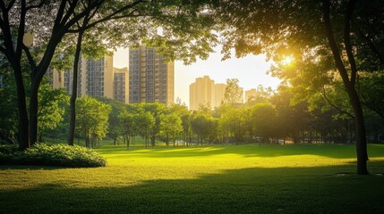 Obraz premium Lush and vibrant green public park with a residential building in the background, captured in the golden light of early morning.