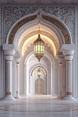 Fototapeta premium luxury white islamic traditional arch curved with transparent elegant ornaments and beautiful lantern 