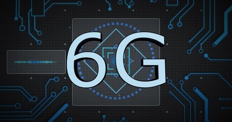 Animation of 6g text, digital data processing over computer circuit board - Powered by Adobe