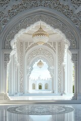 luxury white islamic traditional arch curved with transparent elegant ornaments and beautiful lantern 