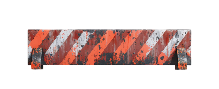Weathered barricade with red and white diagonal stripes on a transparent background.