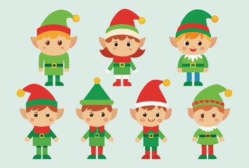 Festive Christmas elves and Holiday Icons Vector Illustration Set