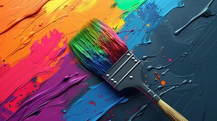 Obraz premium Paintbrush blending vibrant colors on dark background
