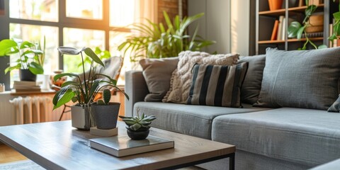 Obraz premium Modern apartment design with sofa minimalist living room interior Cozy flat with stylish couch furniture Vertical shot of simple loft coffee table by the window