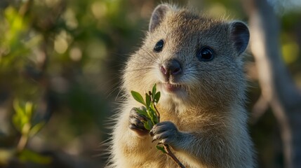 A cute animal holding a green leaf, showcasing its curious expression in a natural setting.
