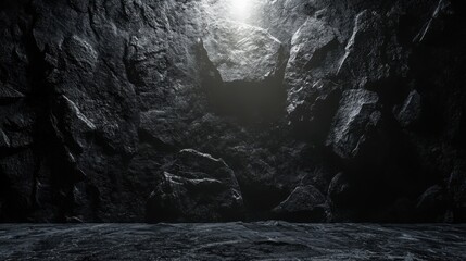 Dark minimalist stone surface illuminated by a single spotlight, creating a moody interior atmosphere, 3D rendered.