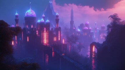 Fototapeta premium A cityscape with a purple sky and buildings lit up in neon colors