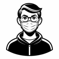 Monochrome Illustration of a Person Wearing Glasses and Face Mask