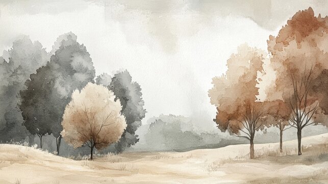 Watercolor landscape with softly painted trees, showcasing nature's tranquility in earthy tones.