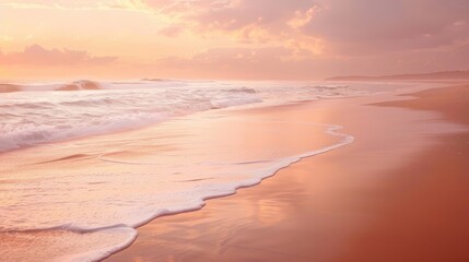 Obraz premium A beach with a pink and white ocean and a pink and white sky