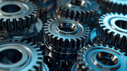 A complex arrangement of metallic gears, each tooth fitting perfectly, industrial background