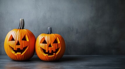 Jack O  Lantern Pumpkins on Grey Background