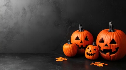Halloween Pumpkins with Copy Space on Black Background