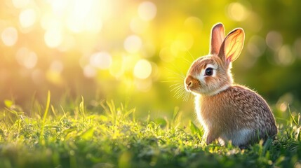 Fototapeta premium Adorable Bunny Rabbit in Grassy Field with Golden Sunlight
