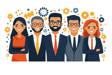 Diverse group of professionals standing together with gears and creative elements in a collaborative work environment