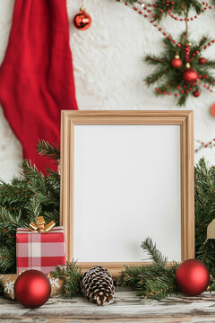 Empty photo frame in Christmas theme background, Blank mockup template.