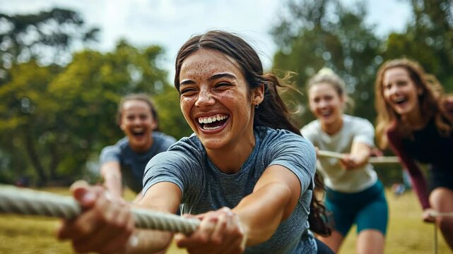 Group of Friends Playing Tug of War Outdoors