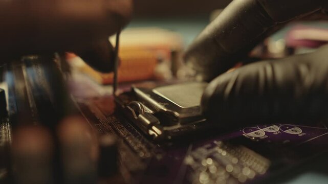 Modern processor CPU on the motherboard of the computer. The concept of technology hardware and repair in the neon light