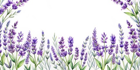 Obraz premium Seamless frame with delicate lavender flowers painted in watercolors for aromatherapy, medicine, and relaxation