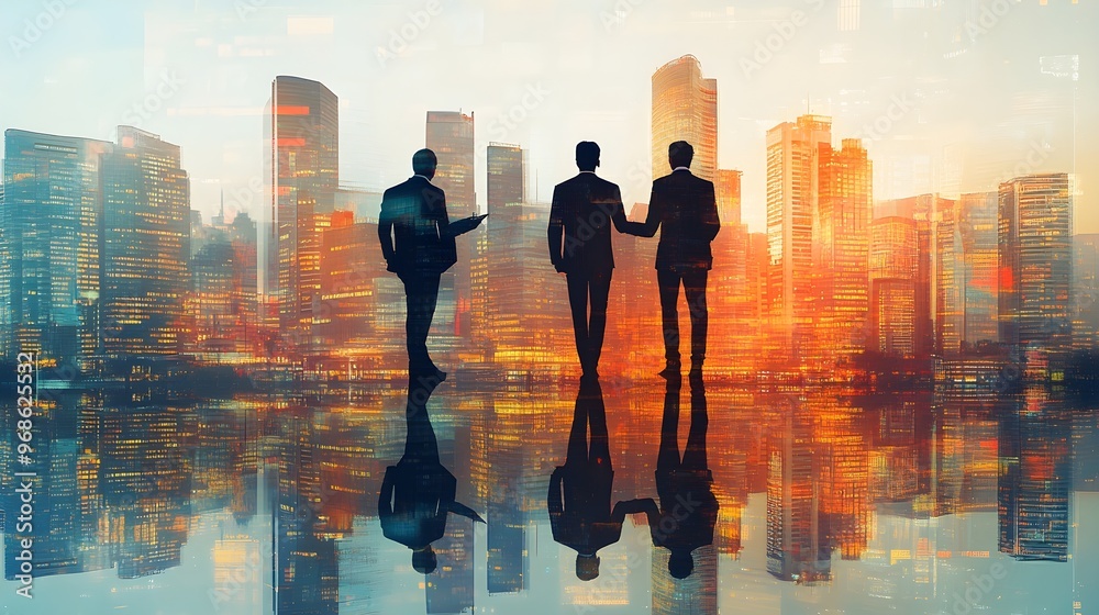 Wall mural businessmen silhouettes cityscape success teamwork