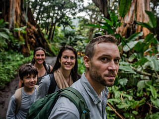 Multiracial group hiking in a tropical rainforest