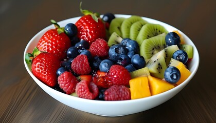 Vibrant fruit salad bowl filled with strawberries, blueberries, raspberries, and kiwi, ideal for a refreshing summer snack or nutritious breakfast