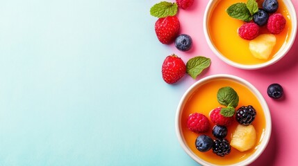 Two bowls of vibrant fruit dessert with berries and mint on a pastel background.
