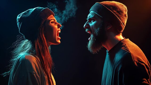 Angry Couple Shouting at Each Other in Dimly Lit Room