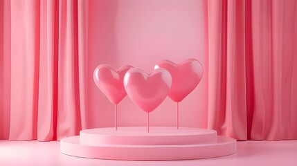 Stage day studio backdrop pink 3D product love display platform red heart stand. Pink backdrop podium with minimal scene, abstract scene, room, and gift light sales romantic day in pastel colors