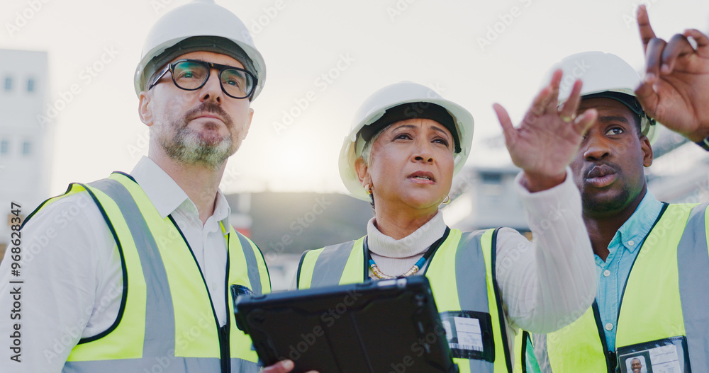 Poster pointing, group and people in construction with tablet, collaboration and inspection in civil engine