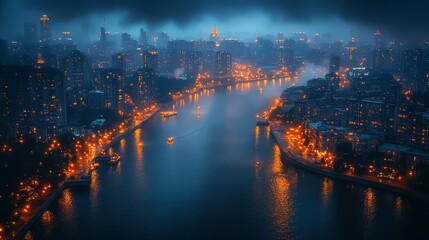 A mesmerizing aerial view of a city bathed in the warm glow of streetlights, with a river winding through the urban landscape, shrouded in a mystical fog.