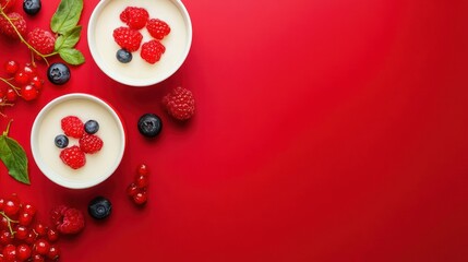 Two bowls of creamy dessert topped with berries on a vibrant red background.
