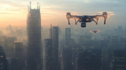 AI-guided drone delivery system transporting packages between skyscrapers in a bustling metropolis
