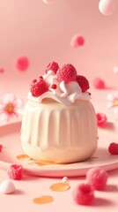 A close-up shot of a white cake with whipped cream and raspberries on a pink plate surrounded by pink background with pink flowers and raspberries.