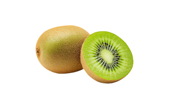Isolated whole kiwi fruit and half on a white background,