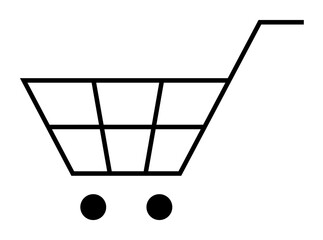 Simple black shopping cart with grid design and two wheels on a white background. Ideal for e-commerce, shopping, online store, retail, and grocery themes.