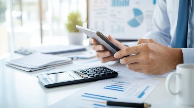 Modern Accountant Strategizing Import Costs with Digital Tablet in Sleek Office Environment