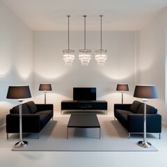 A living room, minimalist design, all black furniture. Table lamps in silver with warm lighting. All crystal Pendant lighting hanging from the 3 meter high ceiling.