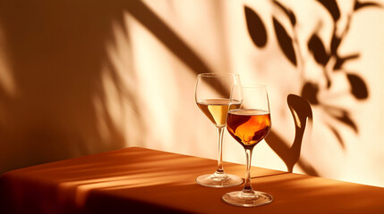 Two wine glasses with golden light and soft shadows of leaves on a minimalistic background. Copy space