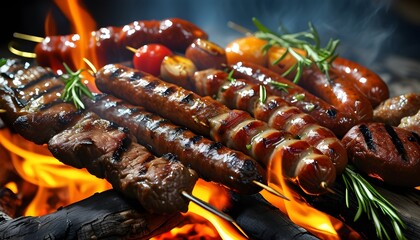 Sizzling assortment of grilled meats on skewers over an open flame, featuring shish kebabs,...