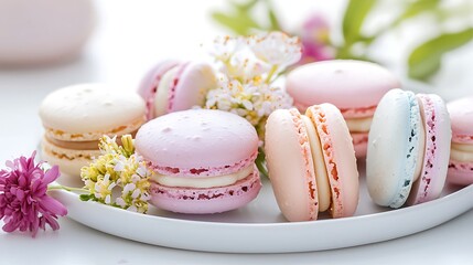 Fototapeta premium An elegant close-up of a dessert plate featuring macarons in pastel colors, perfectly arranged with edible flowers. The smooth, glossy surface of the macarons contrasts beautifully with their